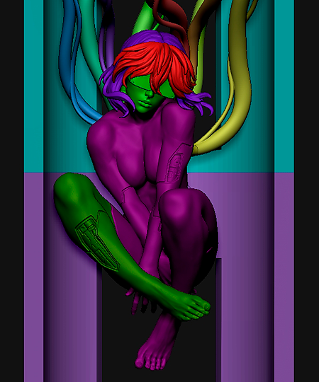 Color-coded pre-keyed parts of the same sculpture prepared for resin printing and assembly